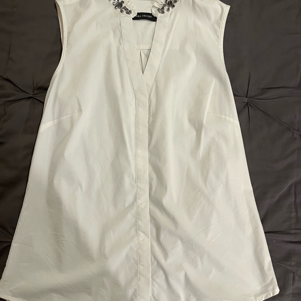 White Sleeveless Top with Embellished Collar